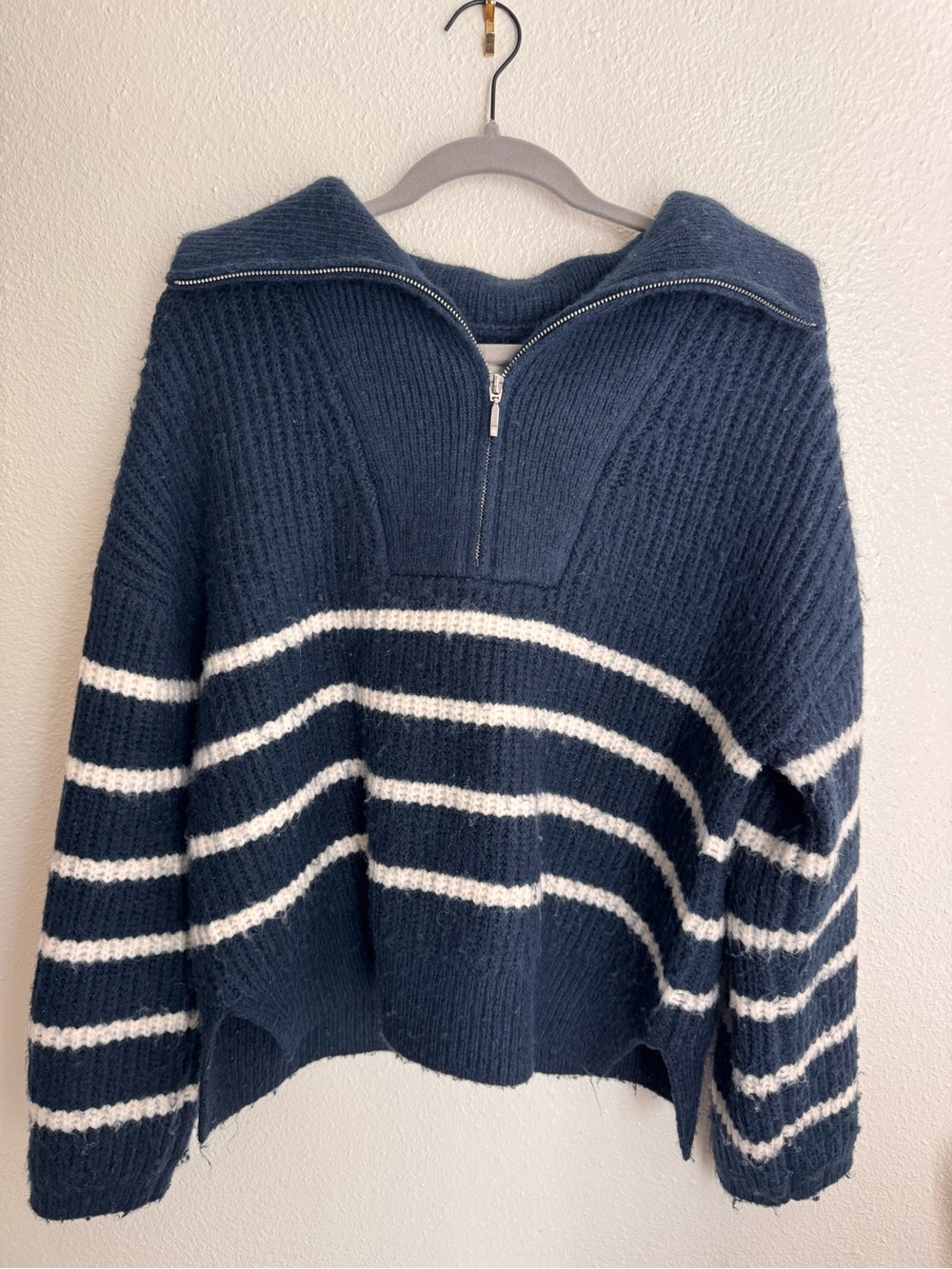 Abercrombie & Fitch Navy and White Striped Half-Zip Turtleneck Sweater